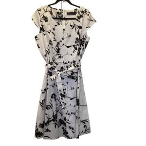 Dress Tells White Black Floral Cap Sleeve Fit Flare Belted Midi Dress Womens 2XL